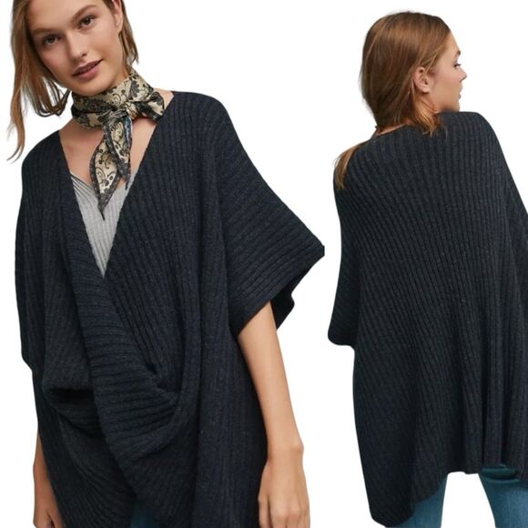 Anthropologie Twisted Ribbed Poncho Sweater One Size Navy Blue Wool Blend Boho - Picture 1 of 9